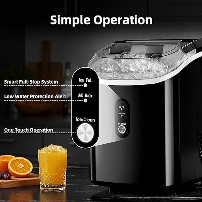 Nugget Ice Maker Countertop, 34Lbs/24H with Self-Cleaning Function, Portable Sonic Ice Machine for Home/Office Stainless Steel Black