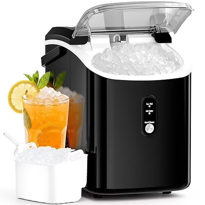 Nugget Ice Maker Countertop, 34Lbs/24H with Self-Cleaning Function, Portable Sonic Ice Machine for Home/Office Stainless Steel Black