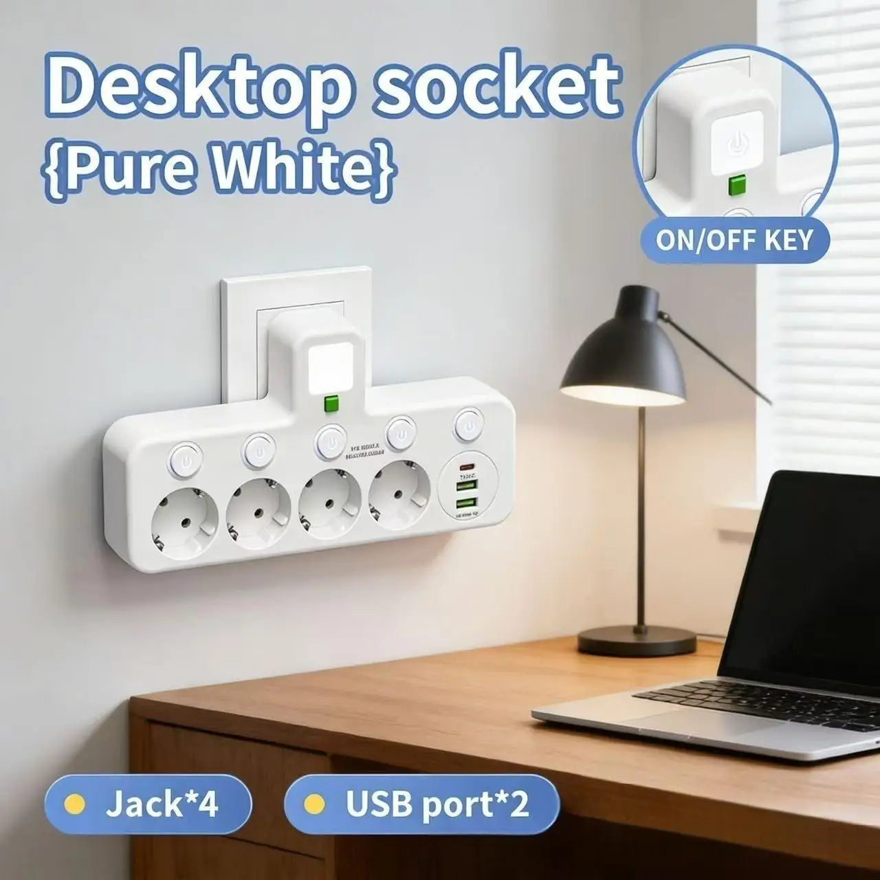 EU plug and socket, 4-pole socket, multifunctional wall plug, with or without extension cords or USB and Type-C interfaces