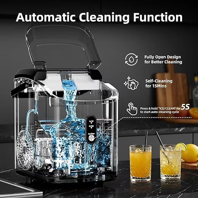 Nugget Ice Maker Countertop, 34Lbs/24H with Self-Cleaning Function, Portable Sonic Ice Machine for Home/Office Stainless Steel Black